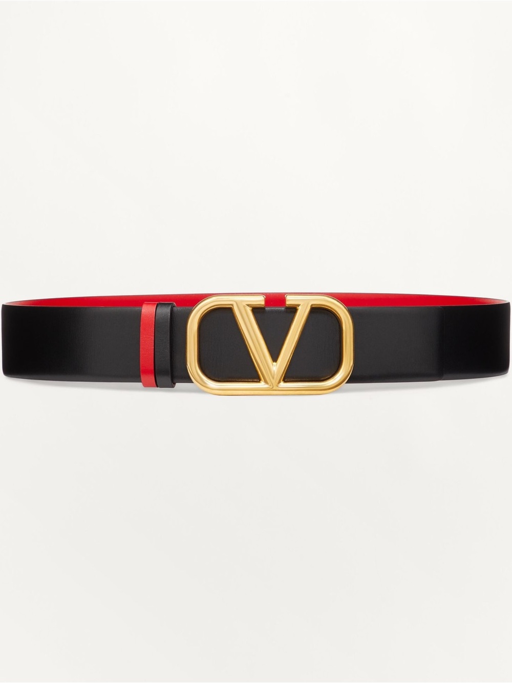 Valentino Garavani Black and Red Leather Belt with Gold V Logo Buckle